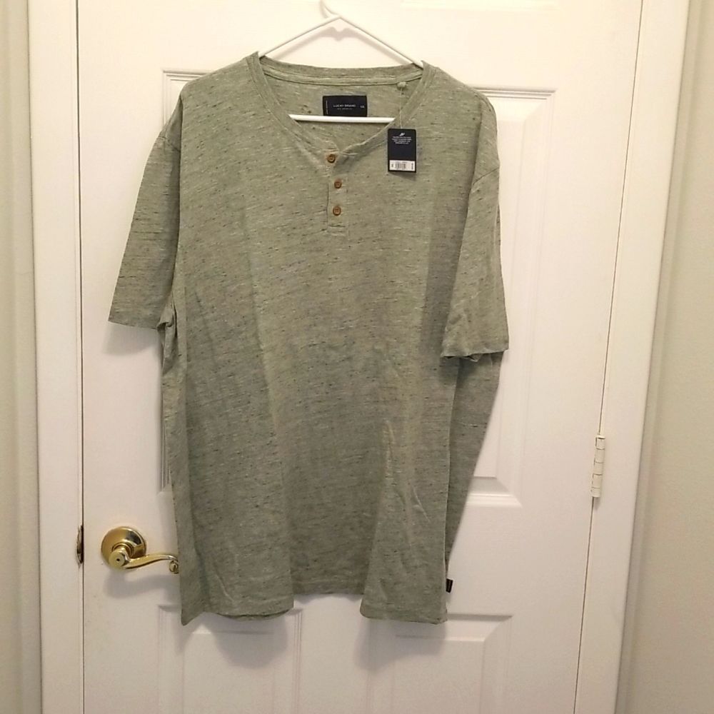 Lucky Brand Mens green Linen Blend 3 button Short Sleeved T Shirt Size XXL